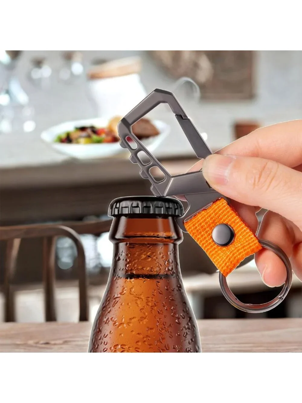 Heavy-Duty Metal Carabiner Keychain Clip with Bottle Opener & Lanyard Ring